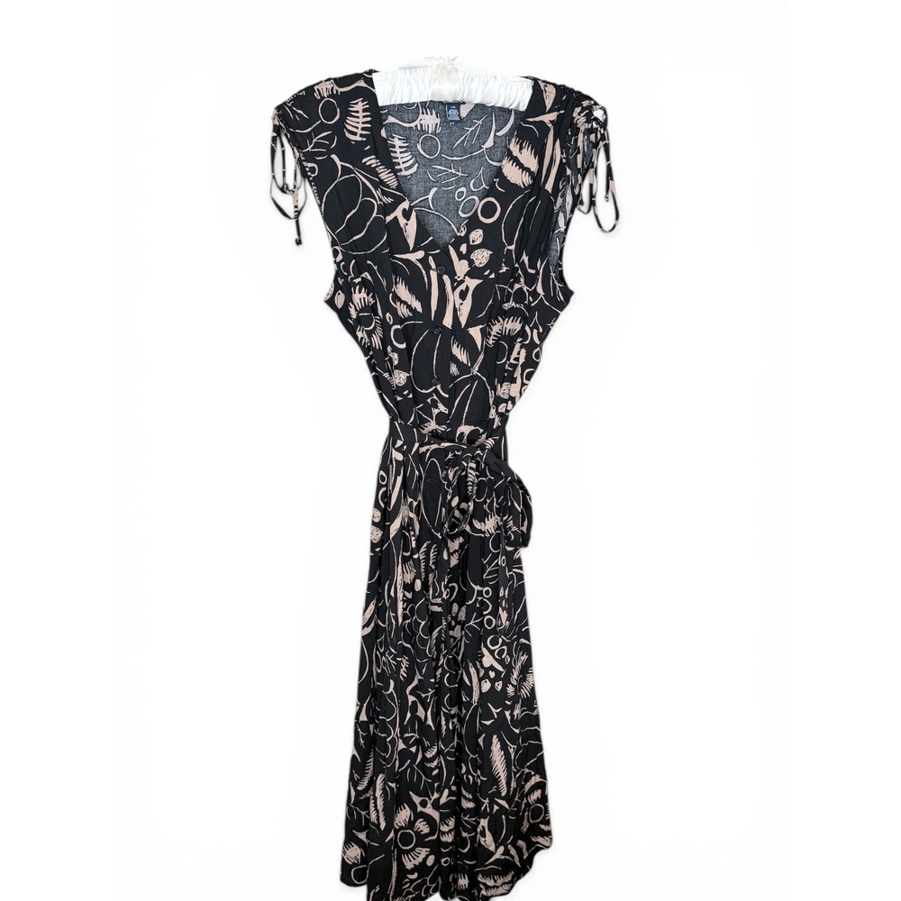 Chaps Womens Black Tan Abstract Botanical Midi Dress Button Front Tie Waist L